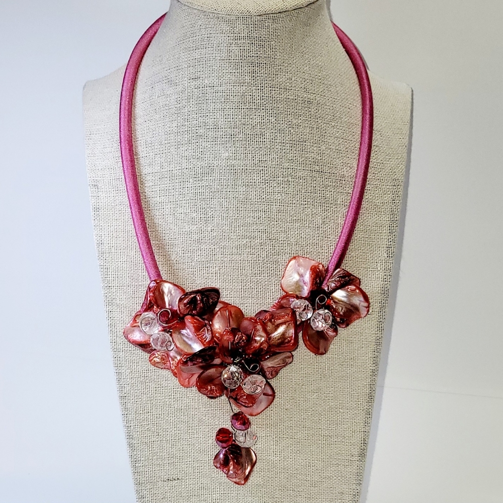 Floral Statement Neclace, Rose Pink Tones Natural Shell and Acrylic Crystals